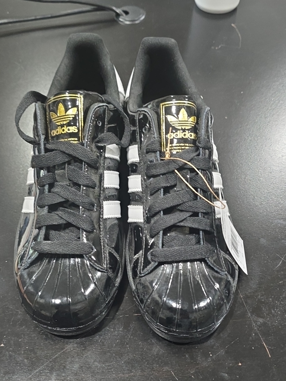 adidas Black & White Patent Leather Shell-Toe Sneakers with Gold Logo